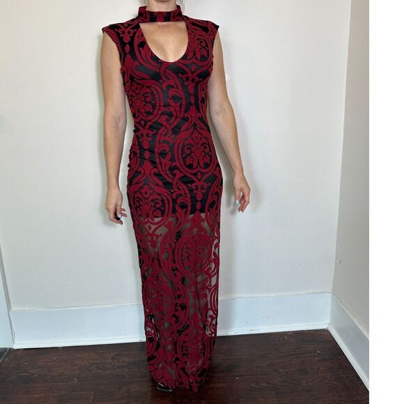 Vintage Whimsigoth Black Red Lace Partially Sheer Maxi Dress Size Small - Picture 3 of 6